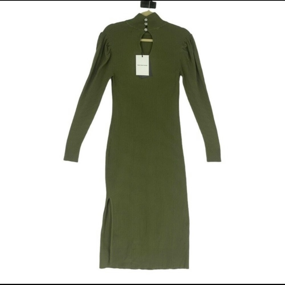 Womens Ribbed Winter Green Mock Turtleneck Sweater Dress Puff Sleeves New W Tags